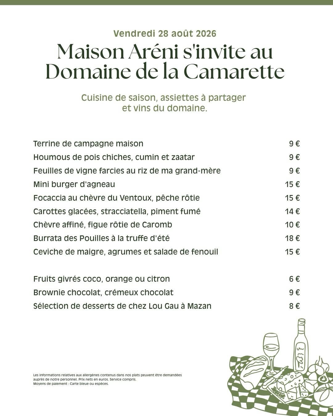 Menu camarette collab maison Areni